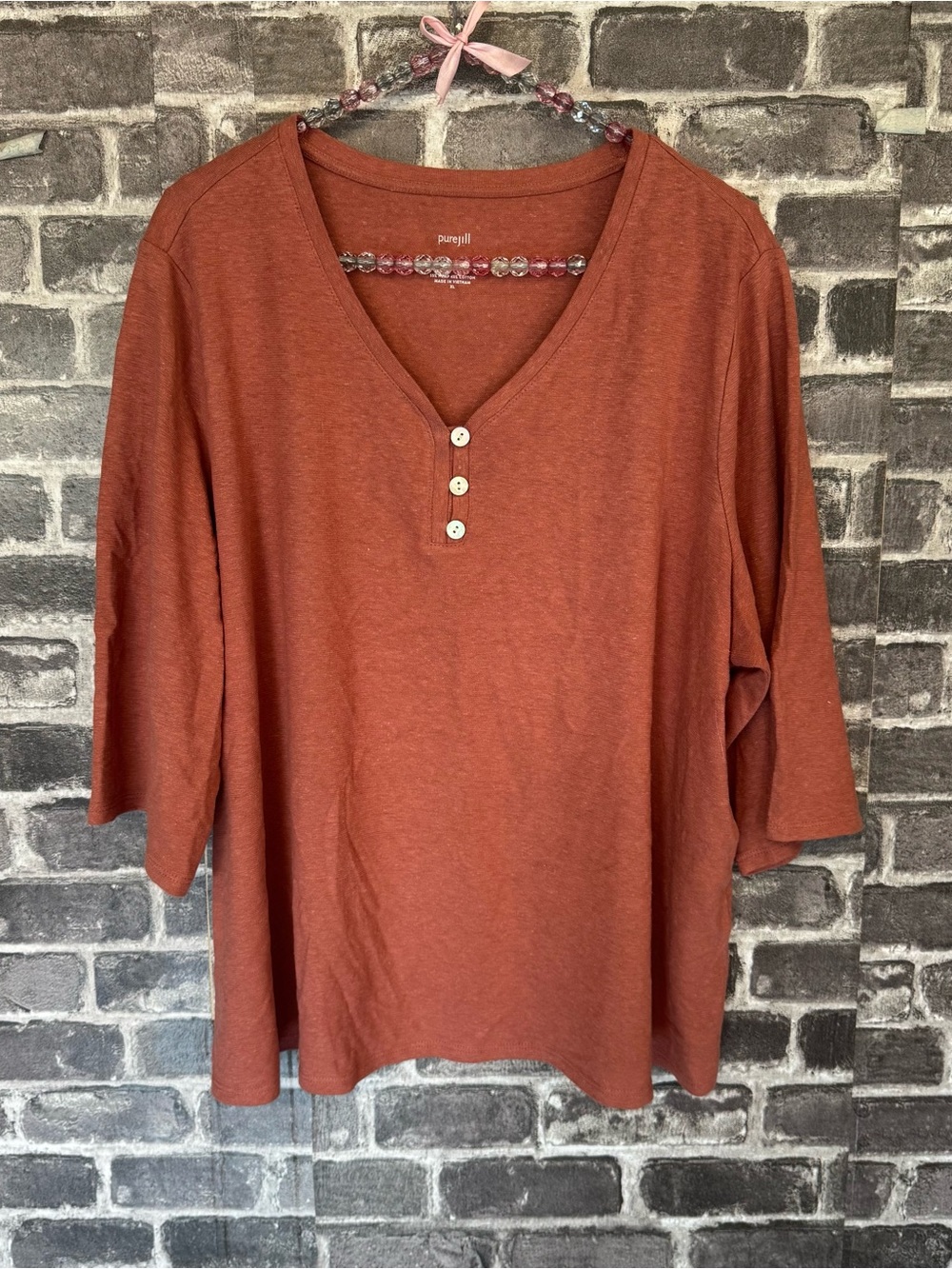 J. Jill PURE JILL HEMP & COTTON HENLEY TOP rust orange tee shirt